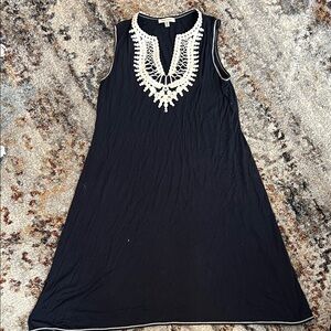 Elegant navy blue and White Crochet Trim dress